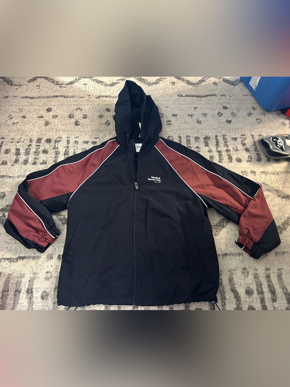 Bershka Black Hooded Windbreaker with Burgundy Panels